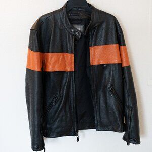 Wilsons Leather Moto Racer Jacket Black Orange Harley Stripe Insulated L